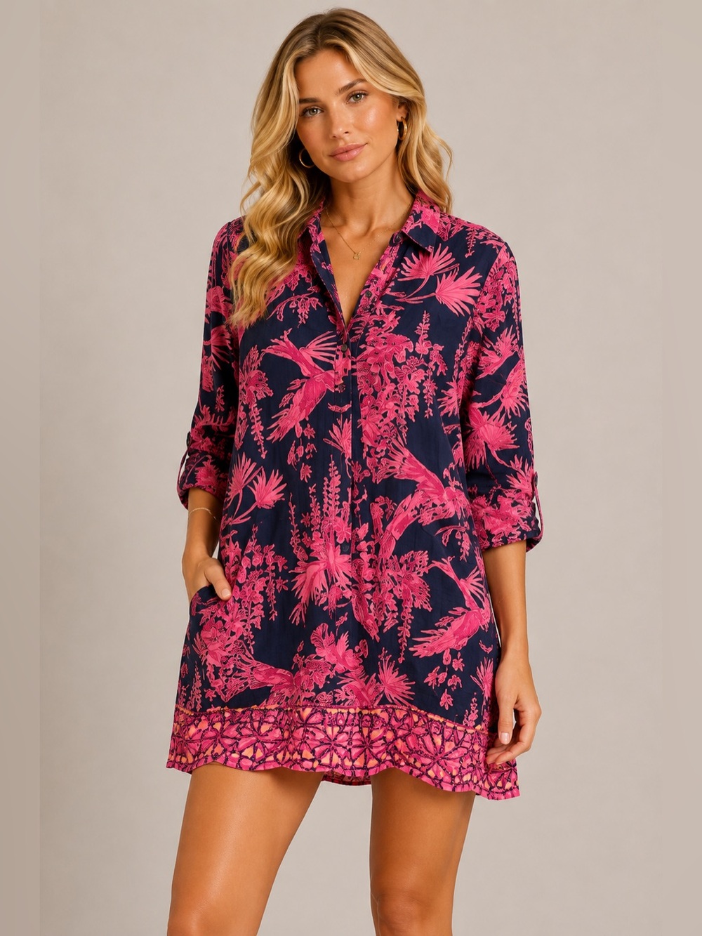 Lilly Pulitzer Womens Tropical Print Tunic Dress M Cotton Navy & Pink XS